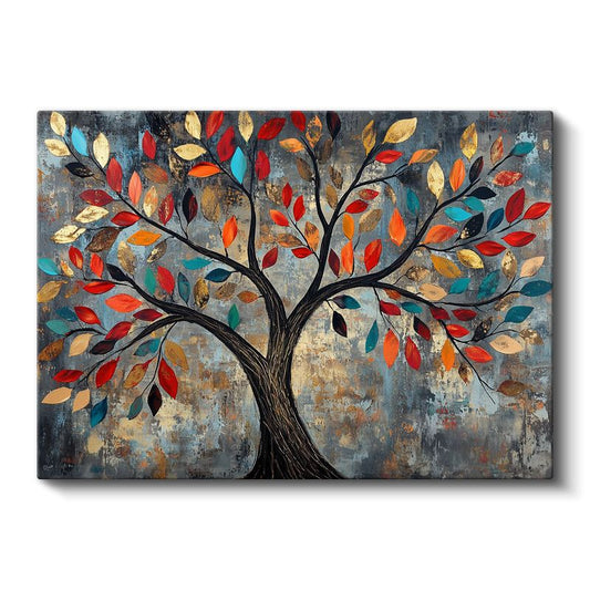 Renkli Yapraklı Ağaç - Gri Fonda Dekoratif Sanat Kanvas Tablo