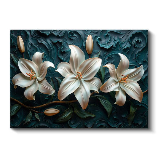 Beyaz Zambaklar - Turkuaz Dalgalı Dokulu Dekoratif Kanvas Tablo