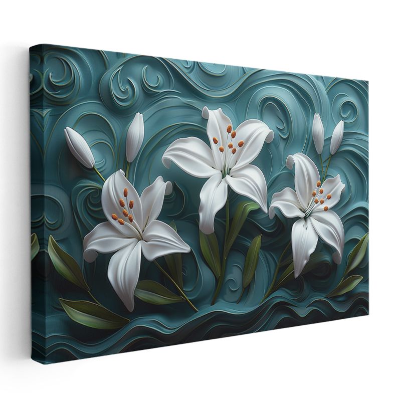 Beyaz Zambaklar - Turkuaz Dalgalı Dokulu Dekoratif Kanvas Tablo