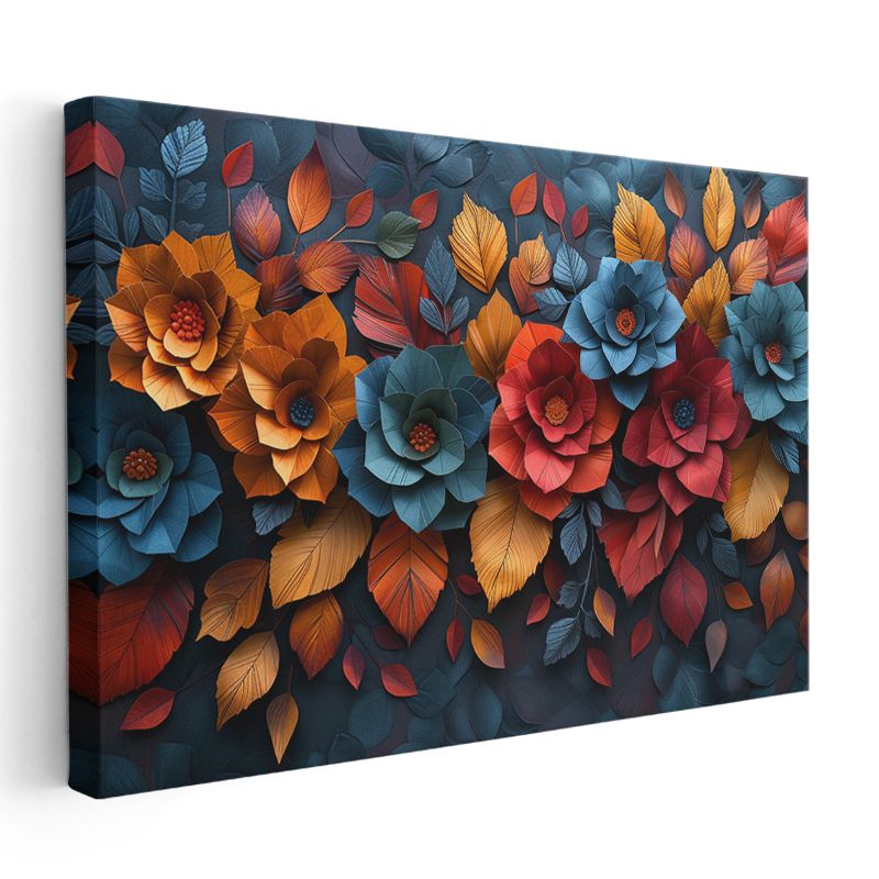 Renkli Çiçekler - Koyu Fonda Kabartma Görünümlü Yaprak Deseni Kanvas Tablo