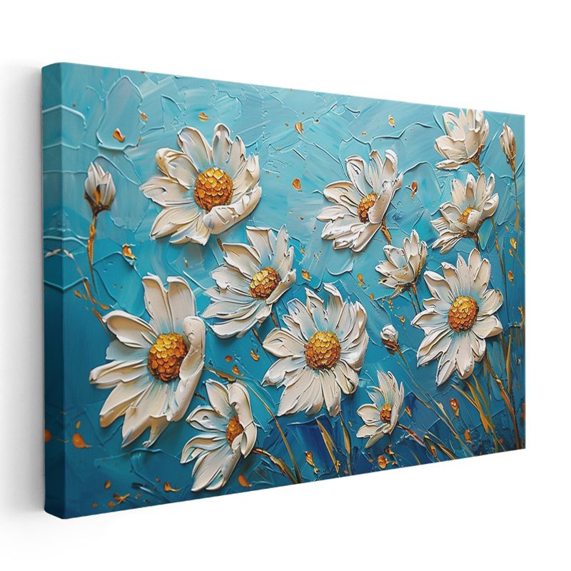 Beyaz Papatyalar - Turkuaz Fonda Kabartma Görünümlü Çiçek Deseni Kanvas Tablo