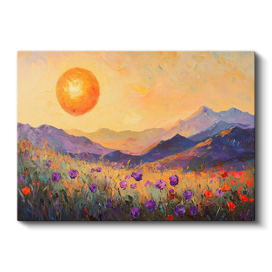 Dağ Manzaralı Gelincikler - Gün Batımı Renklerinde Yağlı Boya Kanvas Tablo
