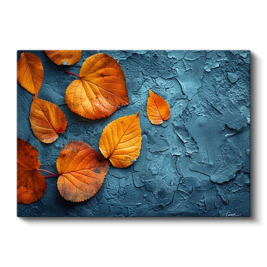 Sonbahar Yaprakları - Mavi Dokulu Fonda Turuncu Detaylar Kanvas Tablo