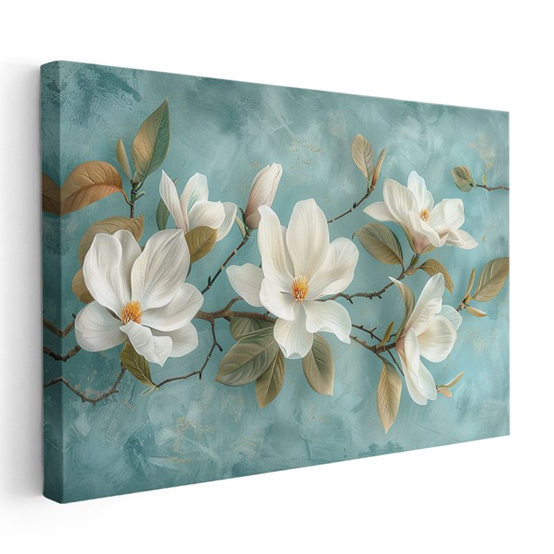 Beyaz Magnolya - Turkuaz Fonda Zarif Çiçek Dalı Kanvas Tablo