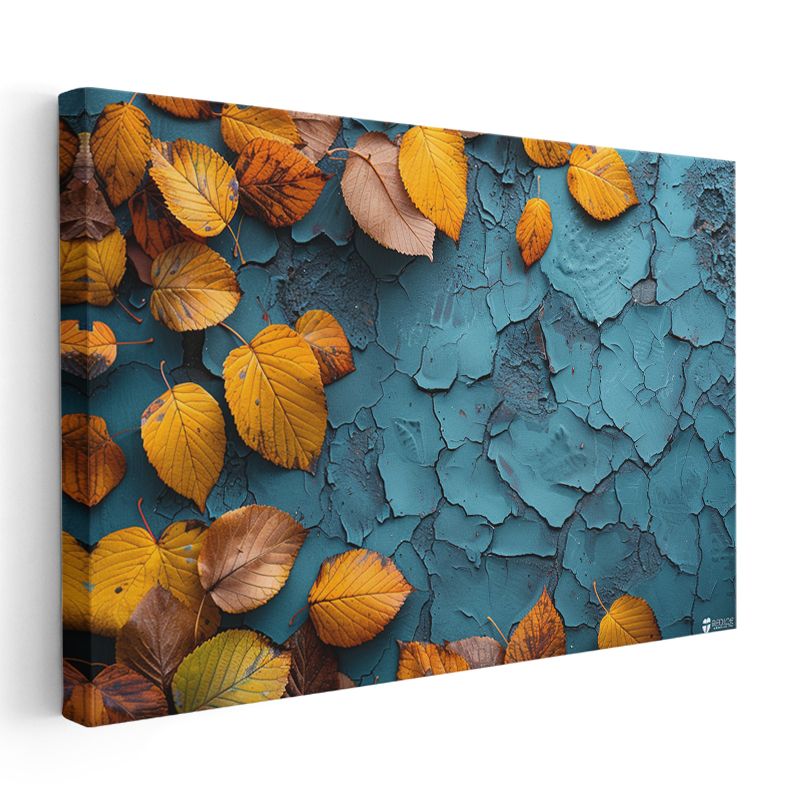 Sonbahar Yaprakları - Mavi Dokulu Zeminde Kontrast Kanvas Tablo