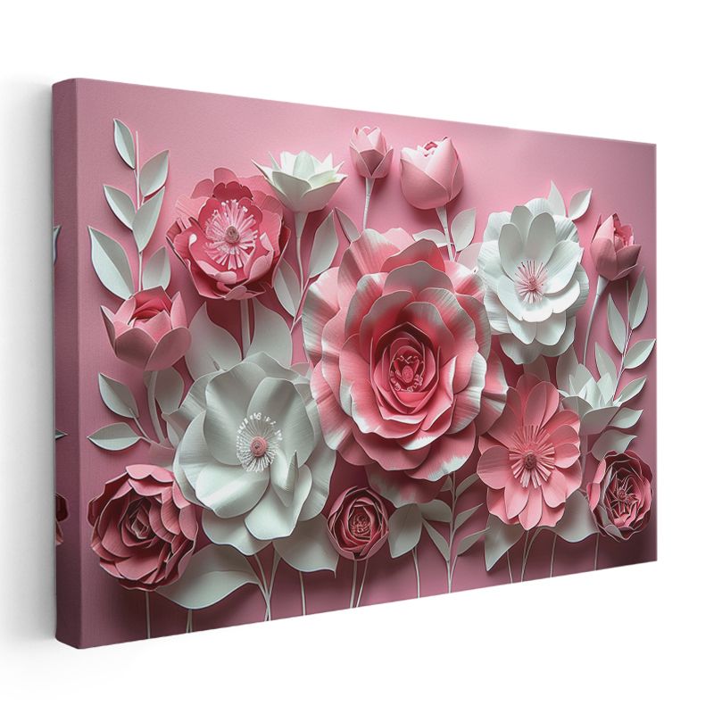 Pembe Beyaz Çiçekler - Pastel Fonda Kağıt Sanatı Kanvas Tablo