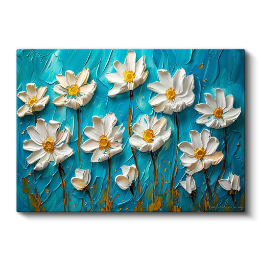 Beyaz Papatyalar - Turkuaz Fonda Kabartma Görünümlü Çiçek Deseni Kanvas Tablo