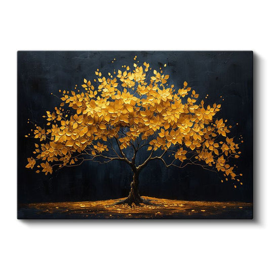 Altın Yapraklı Ağaç - Siyah Fonda Işıltılı Dekoratif Kanvas Tablo