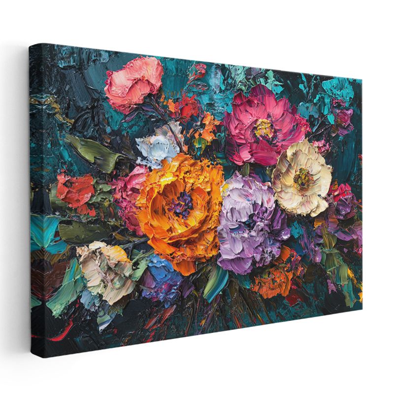 Renkli Çiçek Buketi - Koyu Fonda Yağlı Boya Tekniği Kanvas Tablo