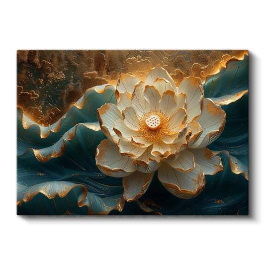 Turkuaz Nilüfer - Altın Detaylı Lüks Çiçek Sanatı Kanvas Tablo