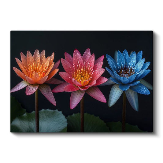 Renkli Nilüferler - Siyah Fonda Çiy Damlacıklı Çiçekler Kanvas Tablo