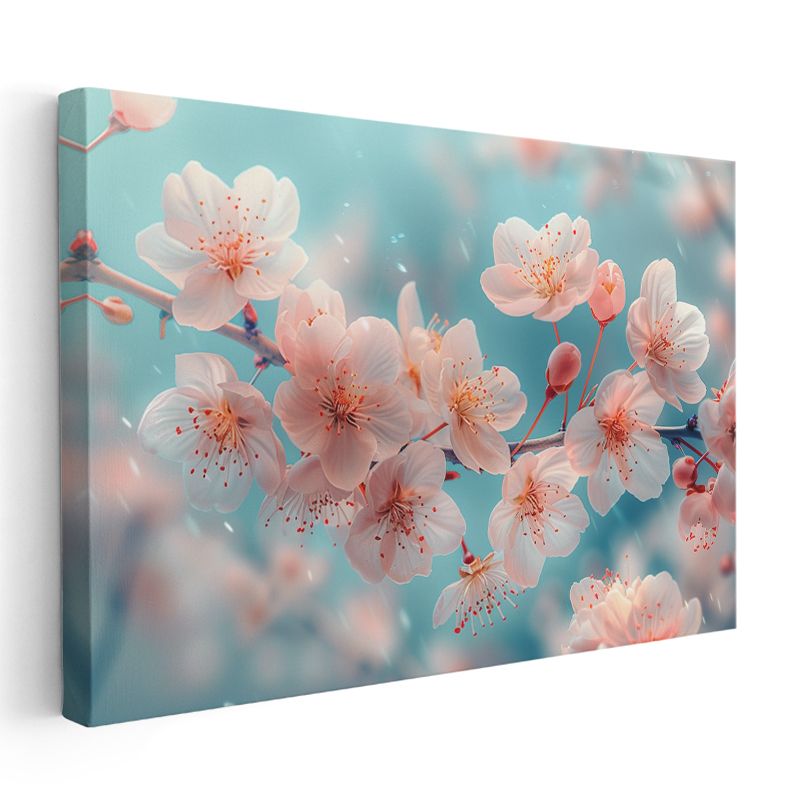 Kiraz Çiçekleri - Turkuaz Fonda Bahar Esintisi Kanvas Tablo