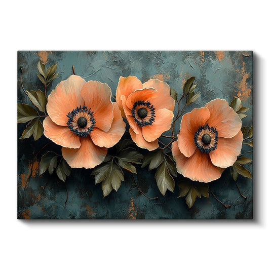 Somon Gelincikler - Turkuaz Fonda Yağlı Boya Tekniği Kanvas Tablo