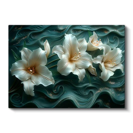 Beyaz Zambaklar - Turkuaz Dalgalı Dokulu Dekoratif Kanvas Tablo