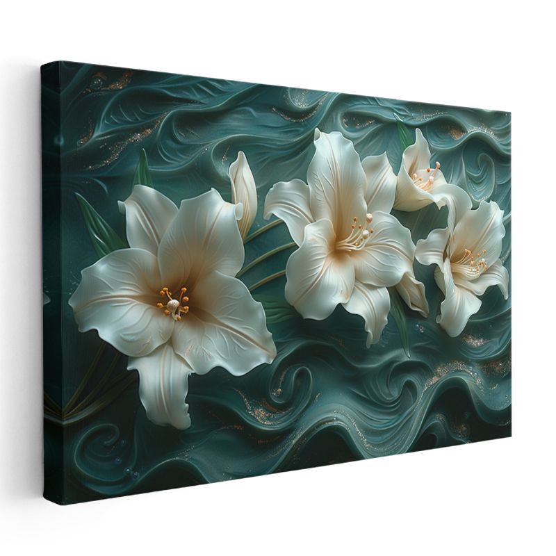Beyaz Zambaklar - Turkuaz Dalgalı Dokulu Dekoratif Kanvas Tablo