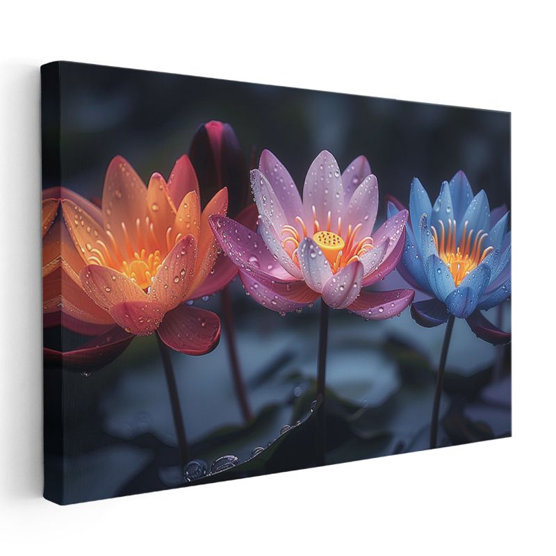 Renkli Nilüferler - Siyah Fonda Çiy Damlacıklı Çiçekler Kanvas Tablo