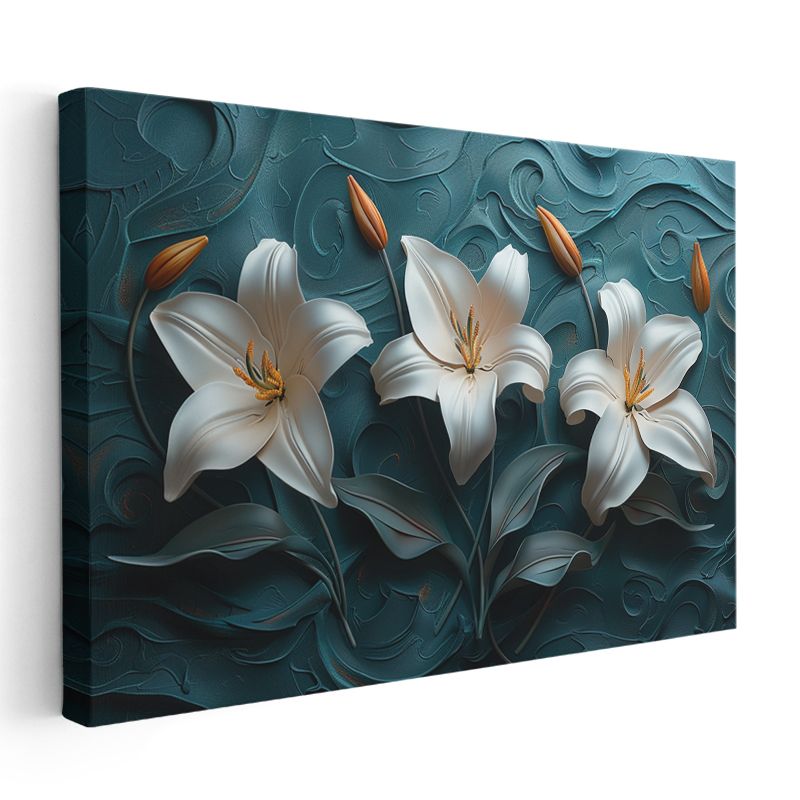Beyaz Zambaklar - Turkuaz Dalgalı Dokulu Dekoratif Kanvas Tablo