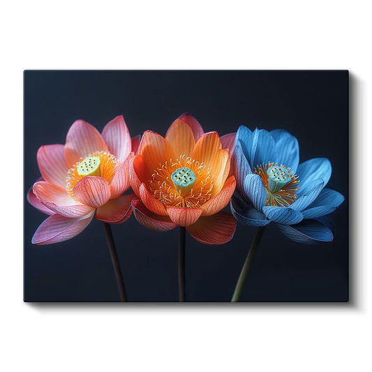 Renkli Nilüferler - Siyah Fonda Zarif Çiçek Portresi Kanvas Tablo