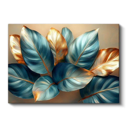 Mavi Altın Yapraklar - Lüks Dekoratif Bitki Deseni Kanvas Tablo