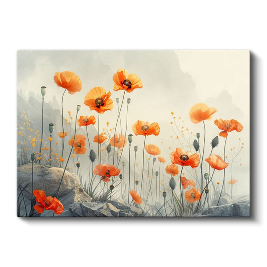 Gelincik Tarlası - Sisli Manzarada Turuncu Gelincikler Kanvas Tablo