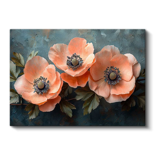 Somon Anemonlar - Mavi Fonda Zarif Çiçek Üçlemesi Kanvas Tablo