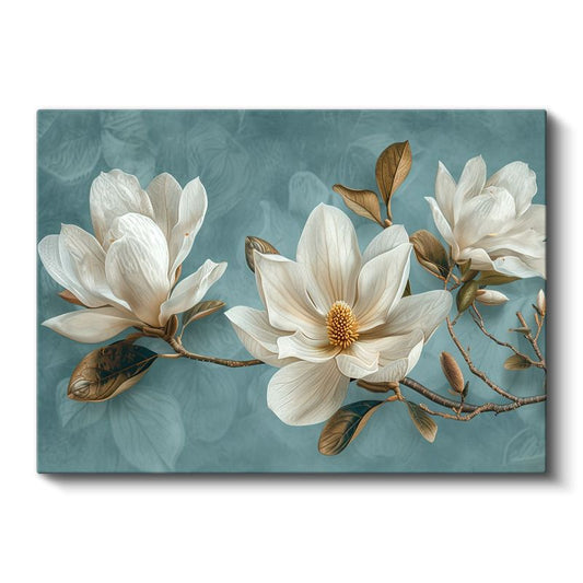 Manolya Dalı - Turkuaz Fonda Beyaz Çiçek Zarafeti Kanvas Tablo