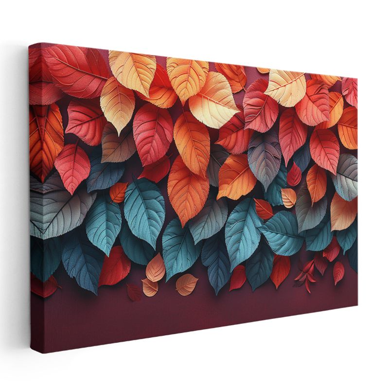 Sonbahar Deseni - Kırmızı ve Mavi Tonlarda Yaprak Harmonisi Kanvas Tablo