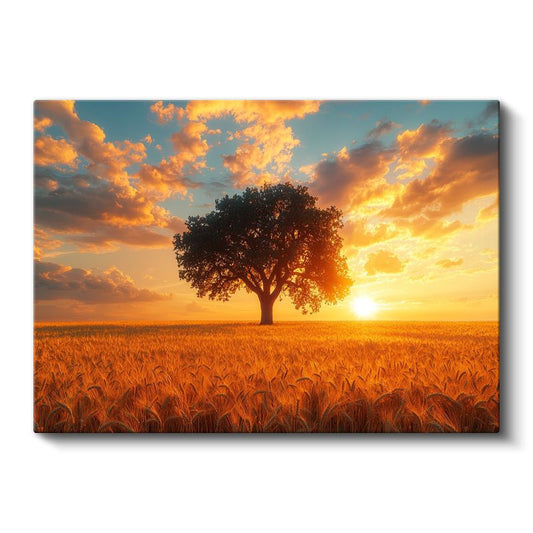 Altın Tarla - Gün Batımında Yalnız Ağaç Silueti Kanvas Tablo