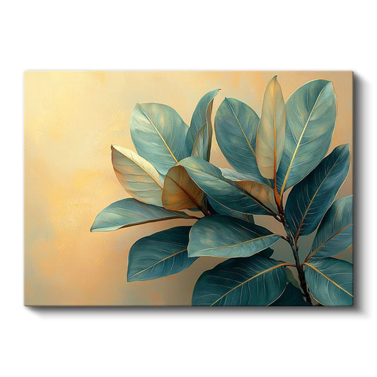 Turkuaz Yapraklar - Altın Fonda Modern Bitki Deseni Kanvas Tablo