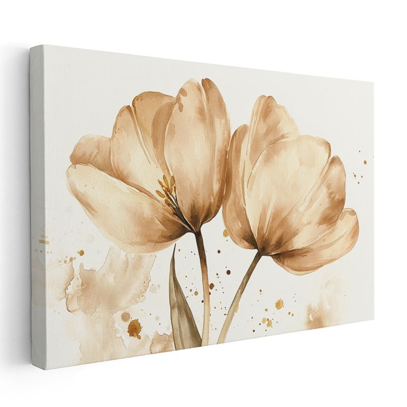 Krem Laleler - Sulu Boya Tarzında Zarif İkili Kanvas Tablo