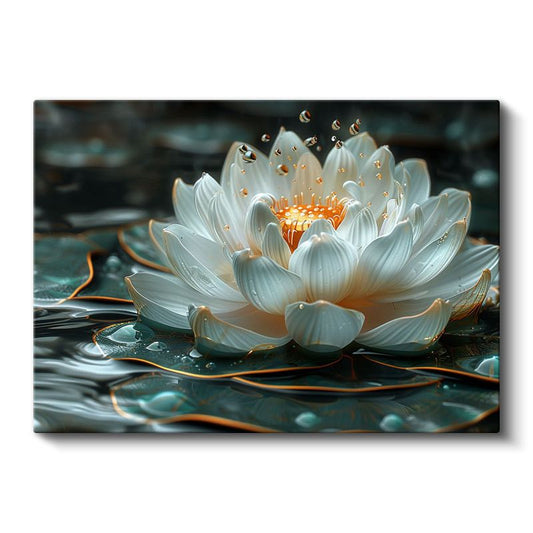 Işıklı Nilüfer - Altın Detaylı Mistik Su Çiçeği Kanvas Tablo