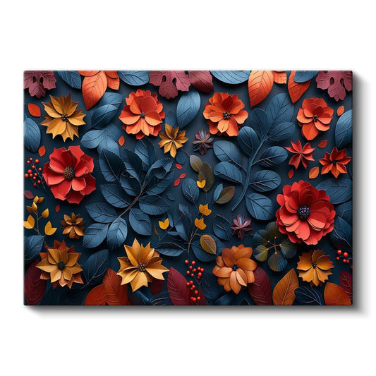 Sonbahar Kompozisyonu - Mavi Yapraklar ve Kırmızı Çiçekler Kanvas Tablo