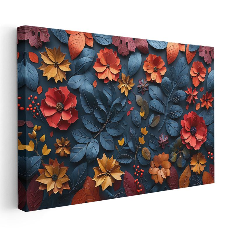 Sonbahar Kompozisyonu - Mavi Yapraklar ve Kırmızı Çiçekler Kanvas Tablo