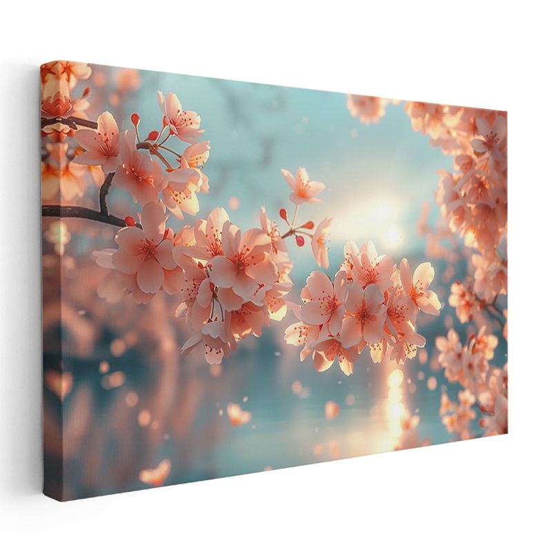 Kiraz Çiçekleri - Turkuaz Fonda Işıltılı Bahar Dalları Kanvas Tablo