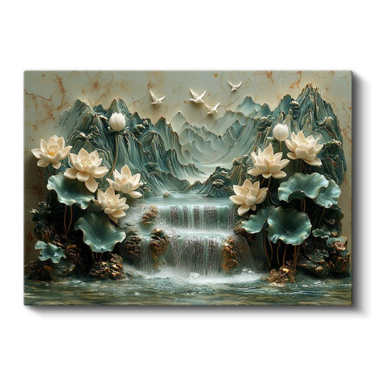 Nilüfer Cenneti - Şelale Manzaralı Kabartma Görünümlü Lotus Kanvas Tablo