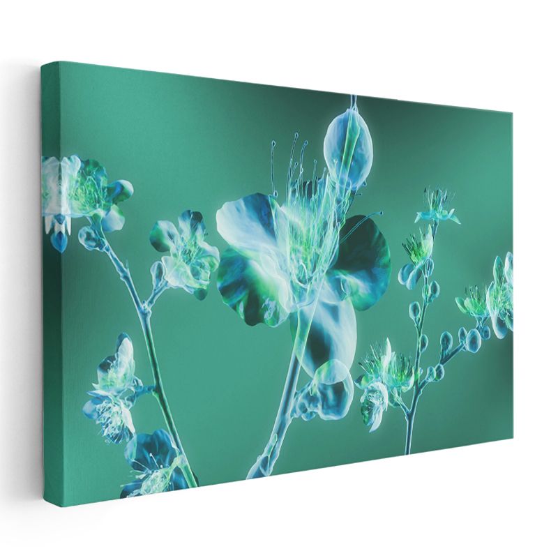 Neon Çiçekler - Yeşil Fonda Işıklı Bitki Silueti Kanvas Tablo