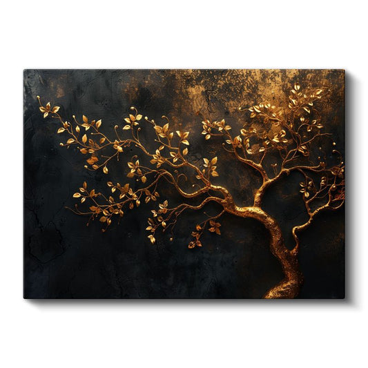 Altın Ağaç - Siyah Fonda Işıltılı Yapraklar Kanvas Tablo