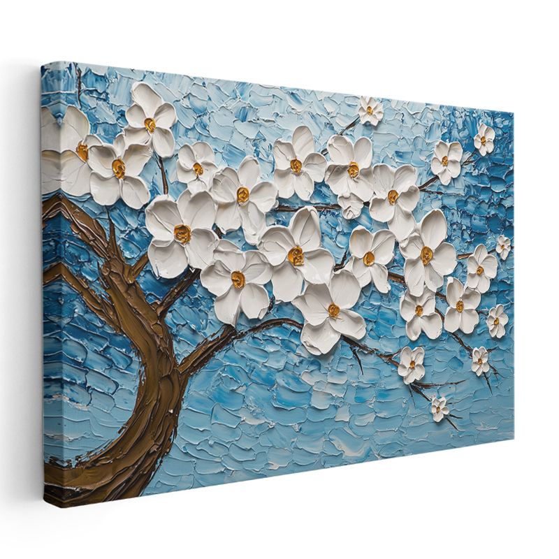 Beyaz Çiçek Ağacı - Mavi Fonda Kabartma Görünümlü Bahar Dalı Kanvas Tablo