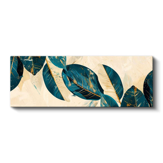 Turkuaz Yapraklar - Krem Fonda Altın Detaylı Botanik Desen Kanvas Tablo