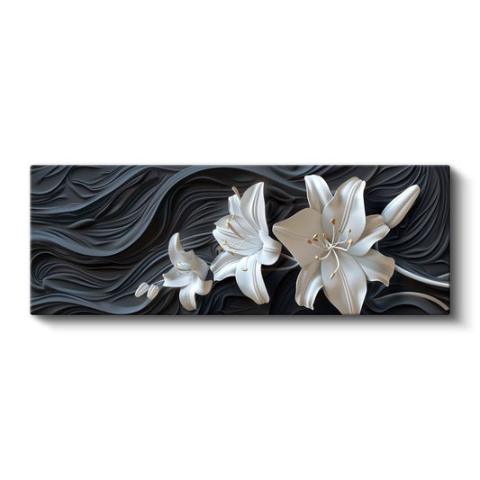 Beyaz Zambaklar - Dalgalı Siyah Fonda 3D Çiçek Tasarımı Kanvas Tablo