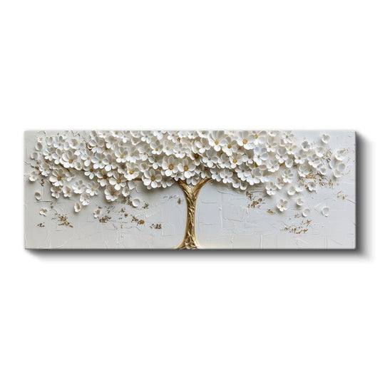 Beyaz Çiçek Ağacı - Altın Gövdeli Kabartma Görünümlü Tasarım Kanvas Tablo