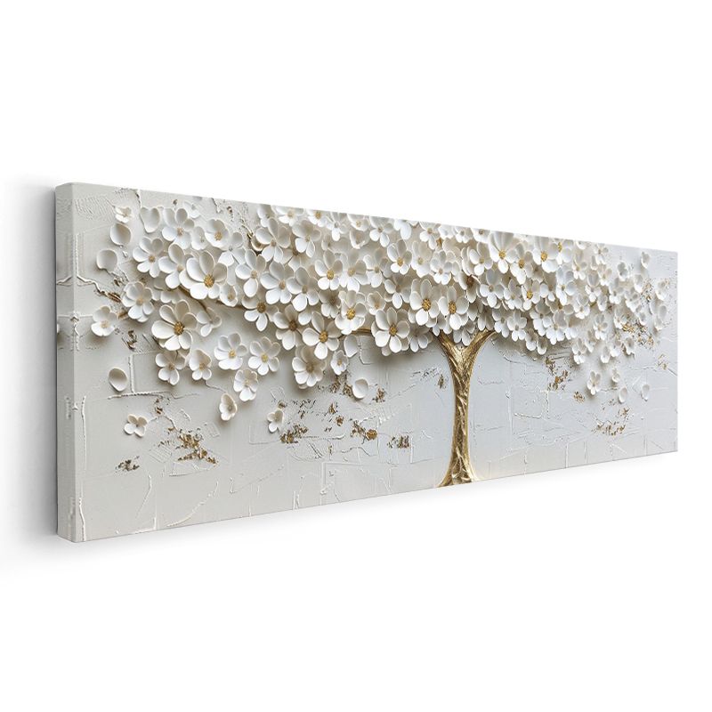 Beyaz Çiçek Ağacı - Altın Gövdeli Kabartma Görünümlü Tasarım Kanvas Tablo
