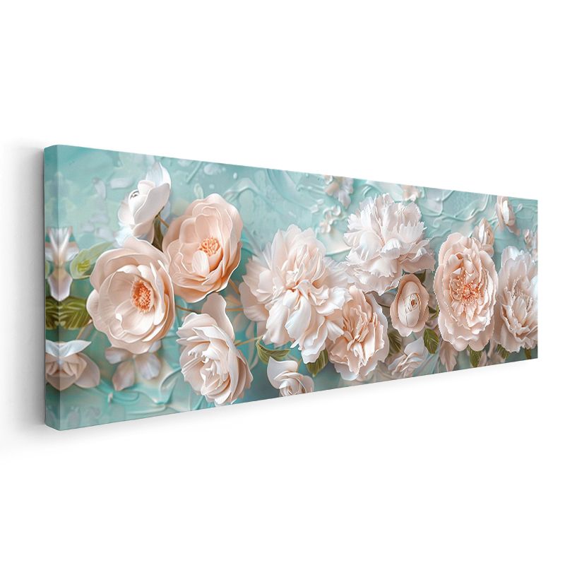 Pembe Güller - Turkuaz Fonda Kabartma Görünümlü Çiçek Serisi Kanvas Tablo