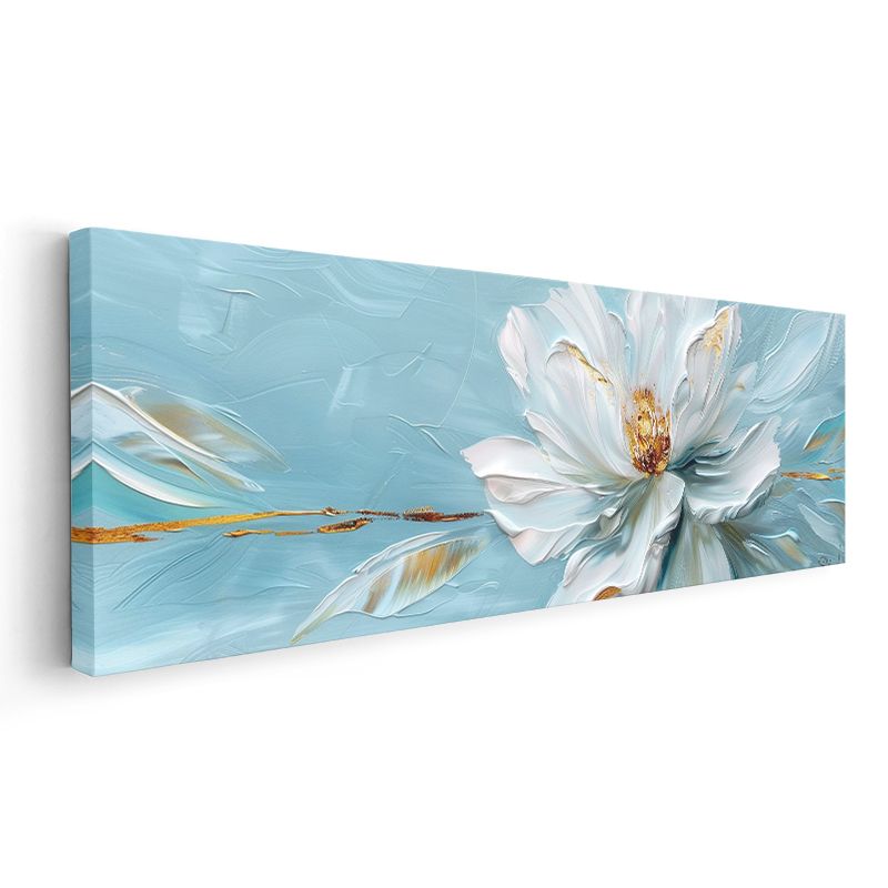 Beyaz Şakayık - Turkuaz Fonda Altın Detaylı Panoramik Kanvas Tablo