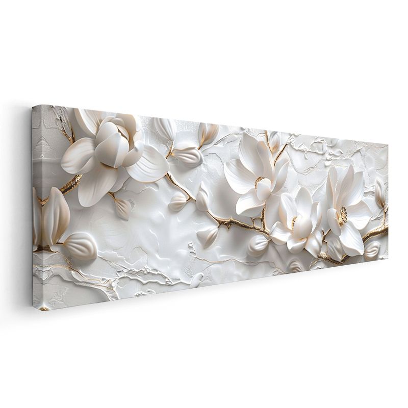 Beyaz Manolyalar - Dokulu Yüzeyde Zarif Çiçek Serisi Kanvas Tablo