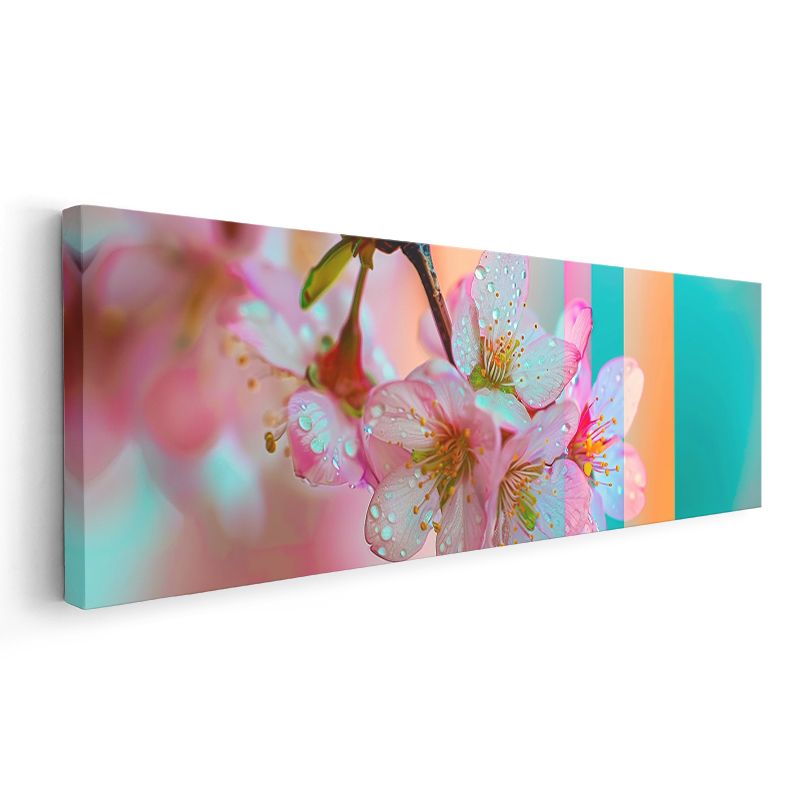 Kiraz Çiçekleri - Turkuaz Şeritli Modern Tasarım Kanvas Tablo