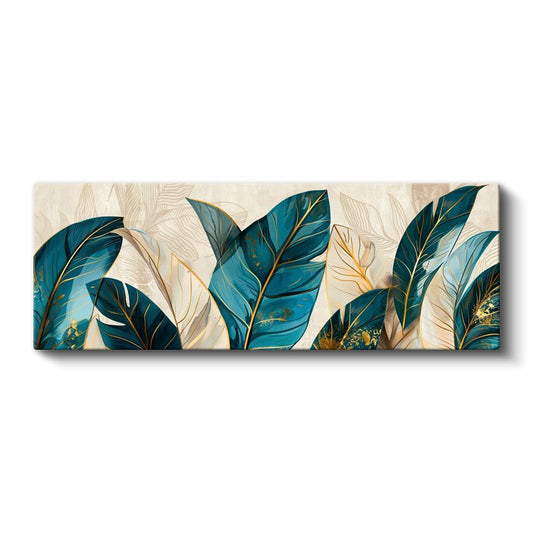 Turkuaz Yapraklar - Altın Detaylı Botanik Desen Kanvas Tablo