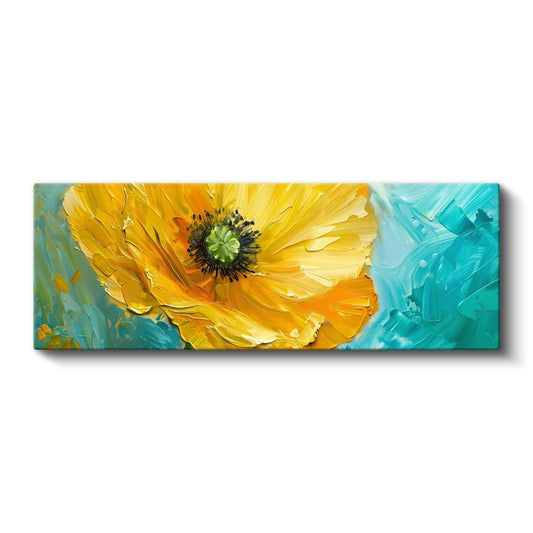 Sarı Gelincik - Turkuaz Fonda Yağlı Boya Efektli Kanvas Tablo