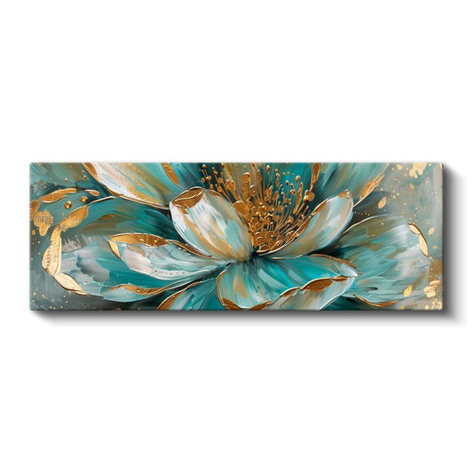 Turkuaz Çiçek - Altın Detaylı Modern Sanat Eseri Kanvas Tablo