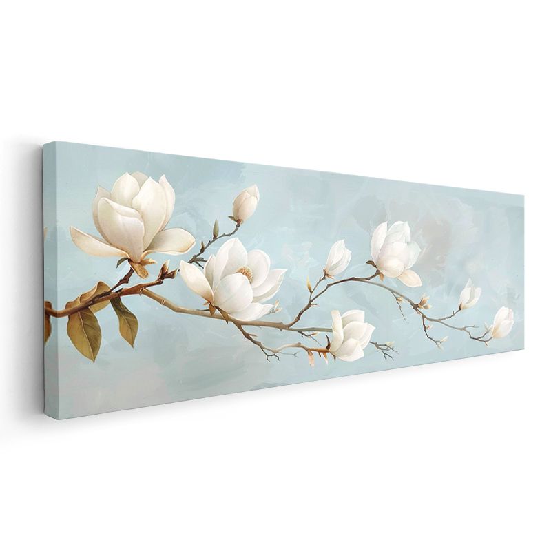 Beyaz Manolyalar - Mavi Fonda Zarif Çiçek Dalı Kanvas Tablo